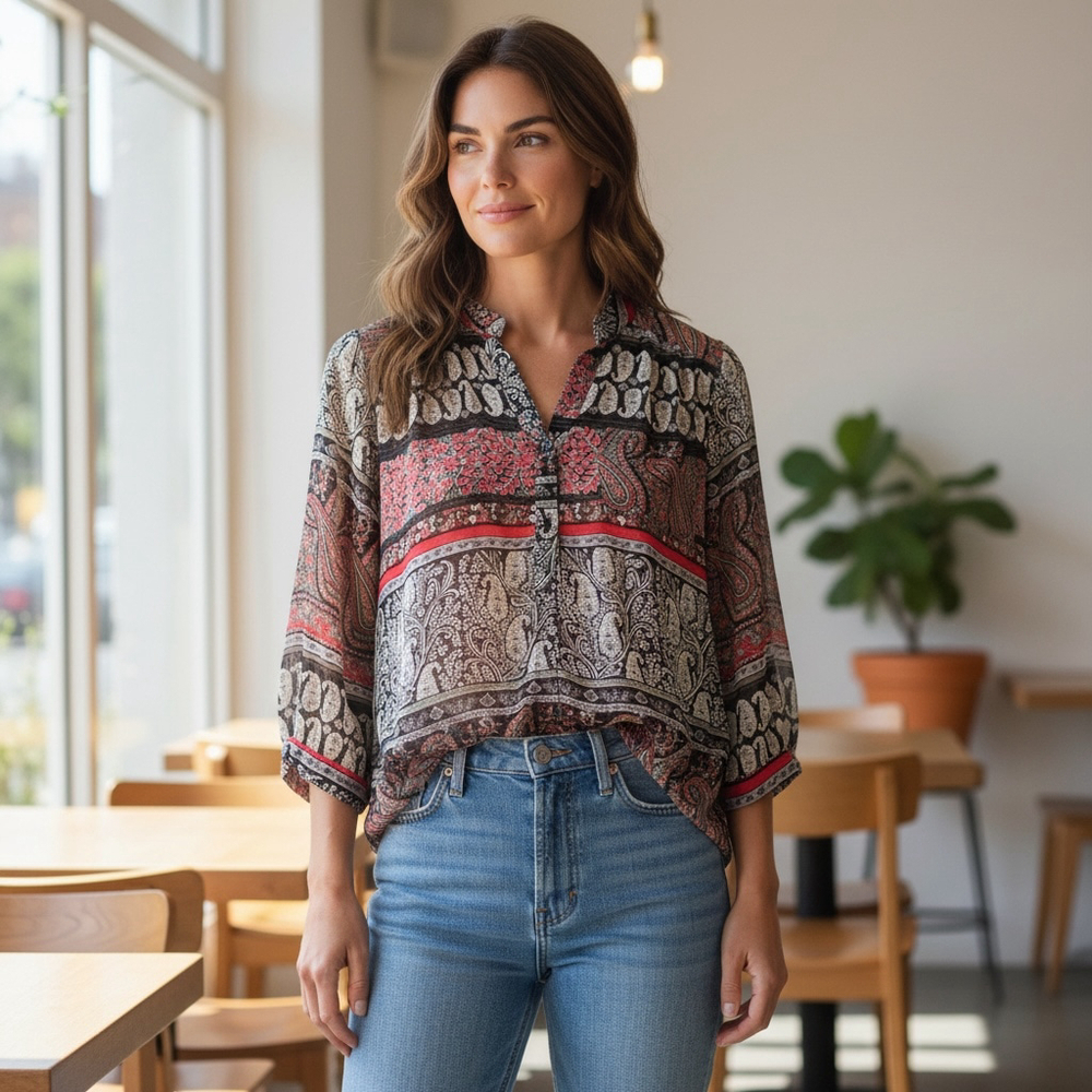Francesca’s Birdcage Paisley Print sheer Women's Top - Black and Red size Medium